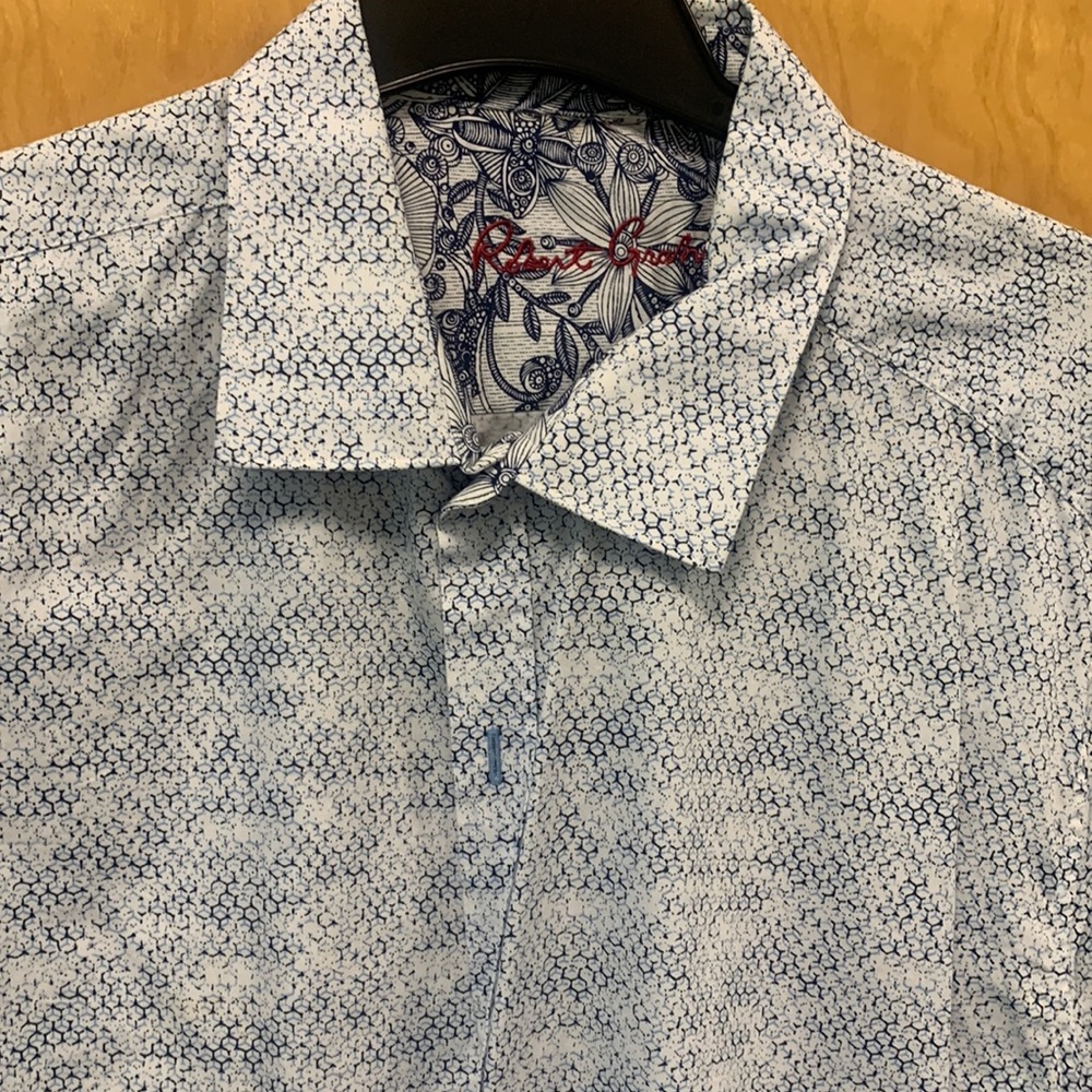 Robert Graham long sleeve button down blue white and black shirt little spot